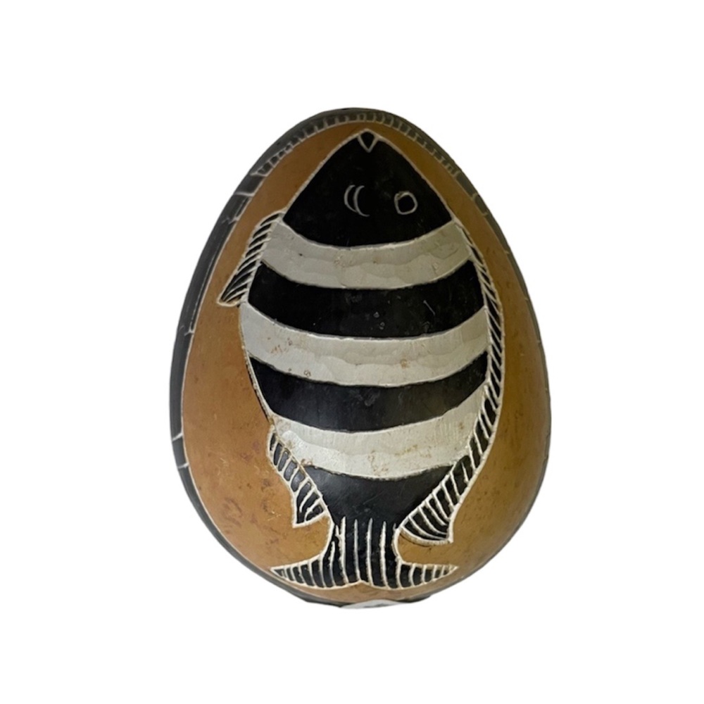 Kenya Carved Fish & Symbols On Egg Shaped Alabaster Soap Stone